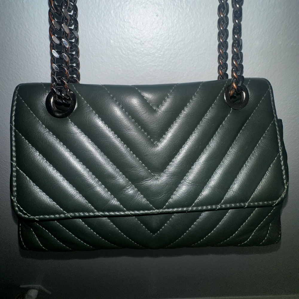 Dark green faux leather shoulder bag with chain strap